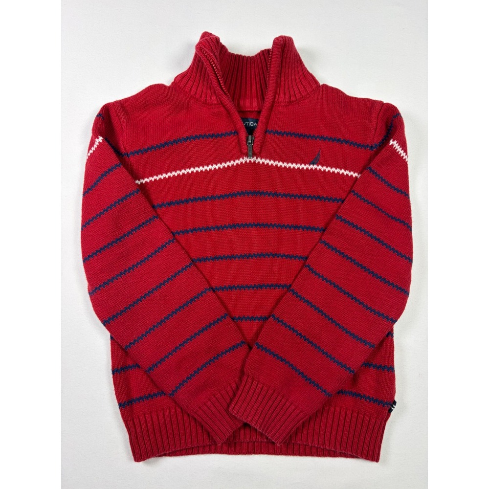 Nautica Quarter Zip Sweater Red Striped Cotton Preppy Holiday Winter  Boys 5/6